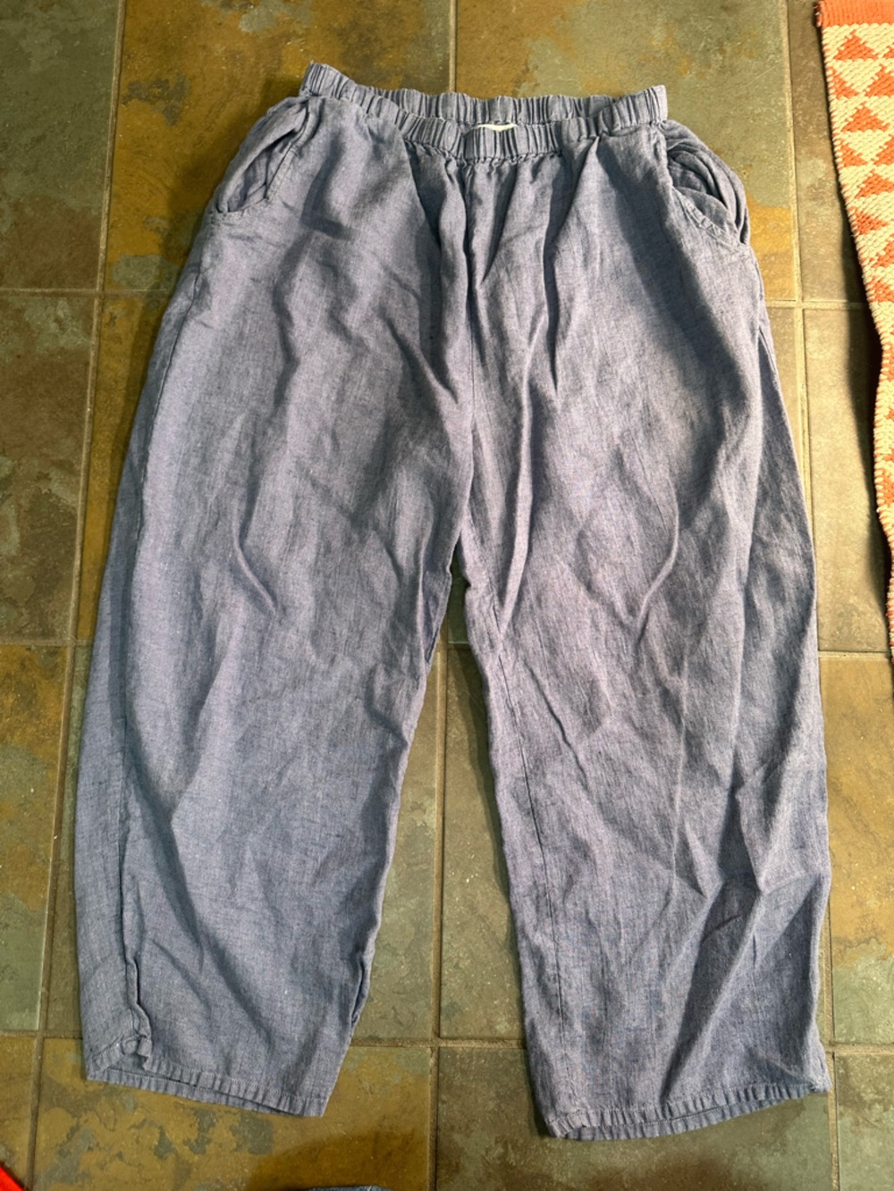 Women's FLAX Blue 100% Linen Pull-on Wide Leg Pants Lagenlook Size L